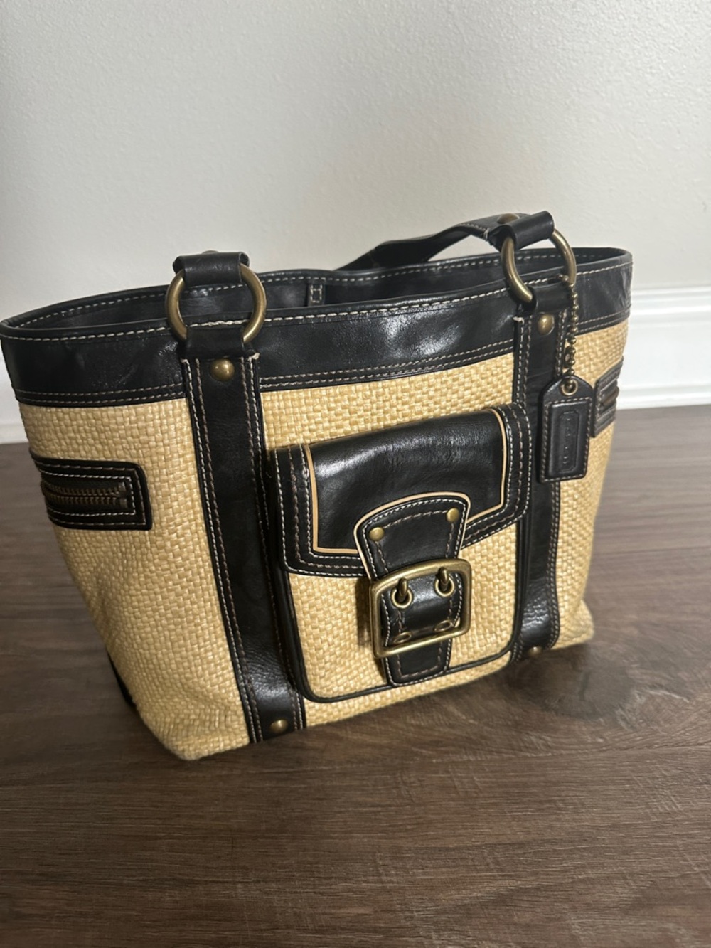 Coach Natural Raffia Tote with Black Leather Trim and Buckle